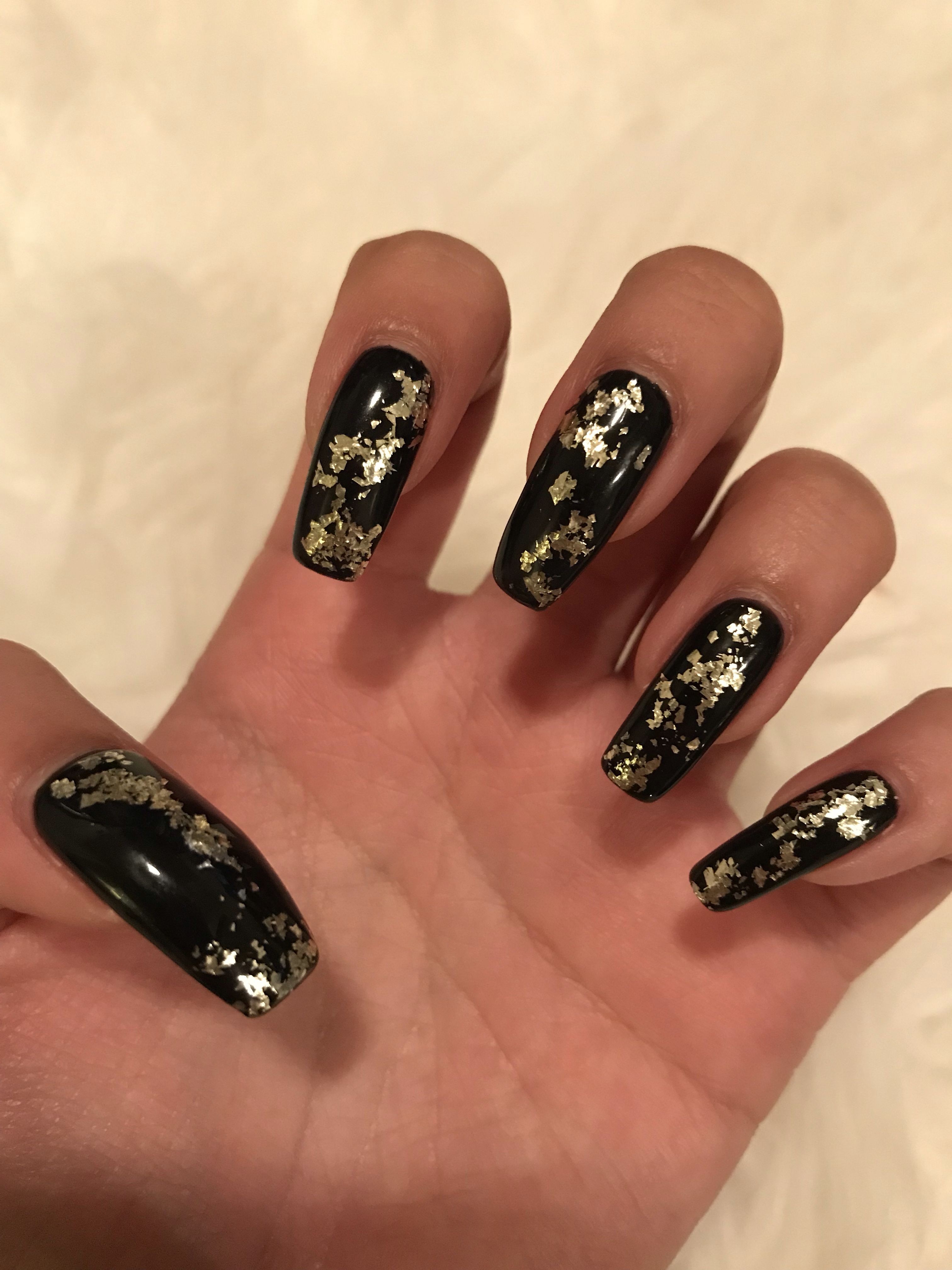 Black Coffin Nails With Gold Flake Matte