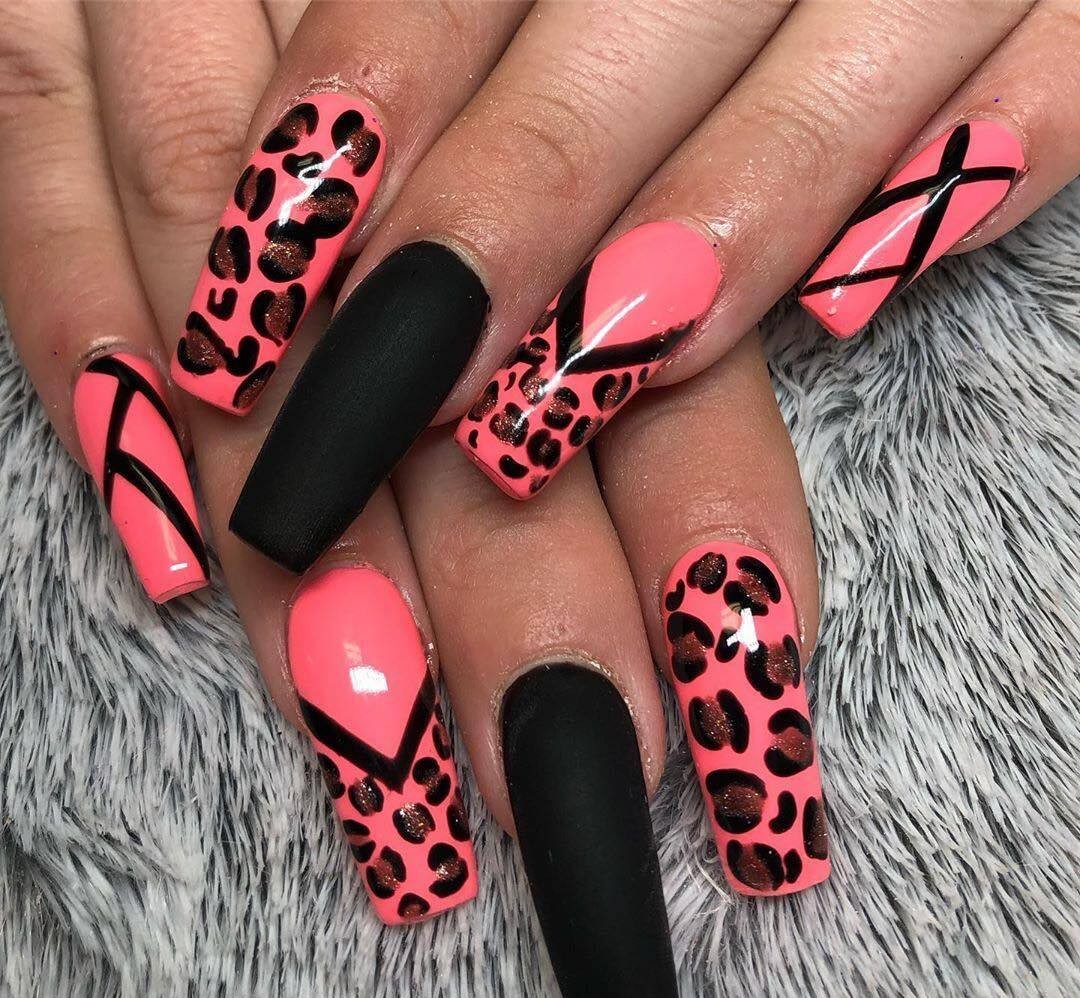 Pink and Black with Animal Print nail