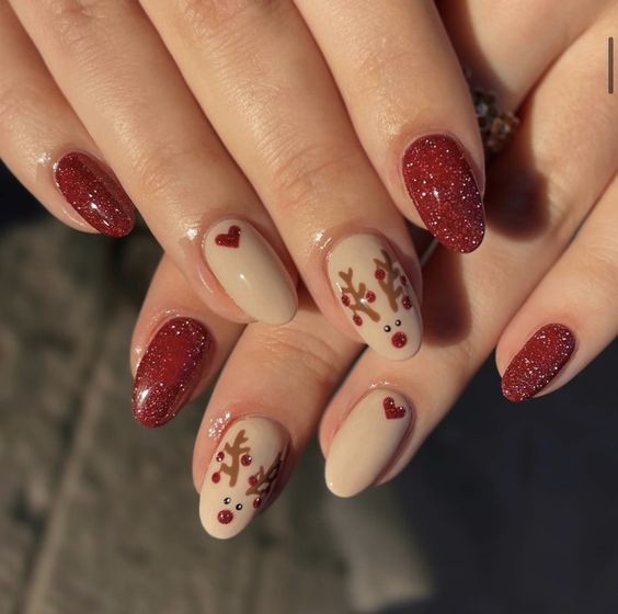 Reindeer and Red Glittery Nails