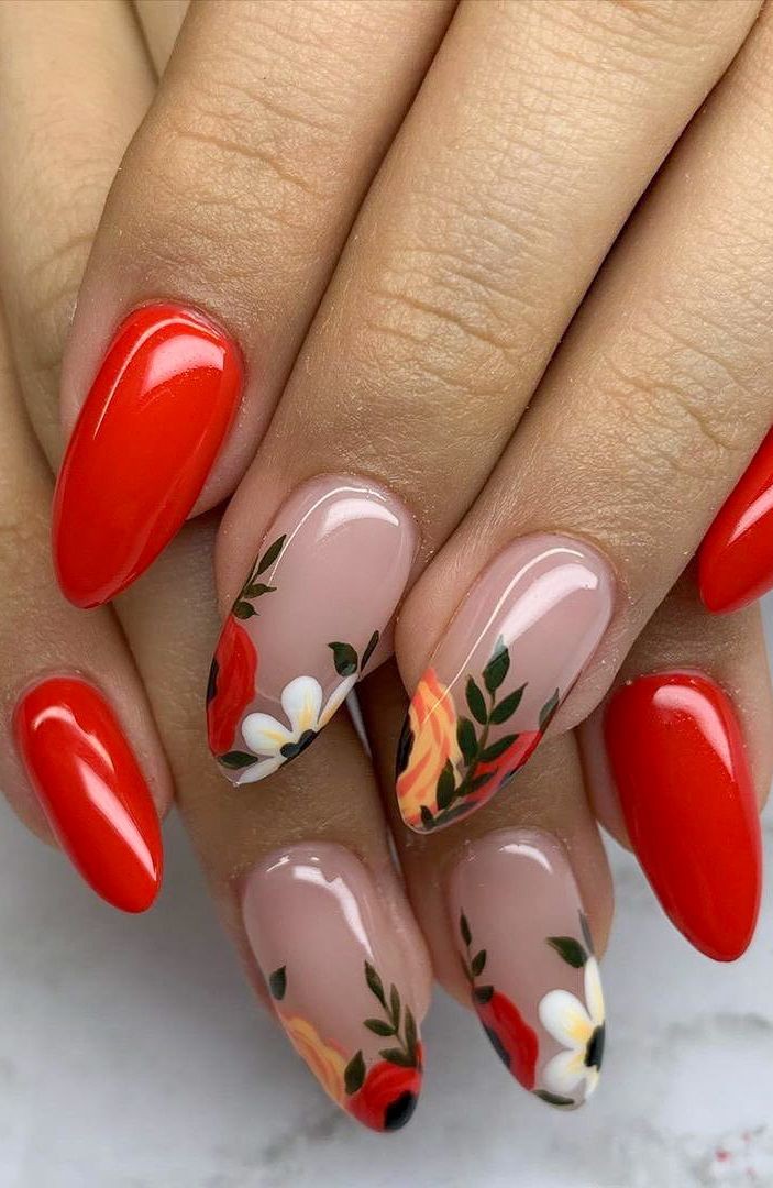 Red Floral Short Almond Nails